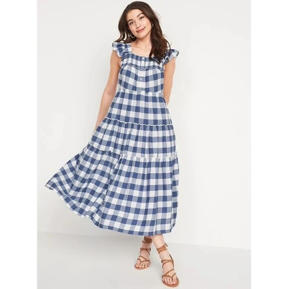 Old Navy Blue White Gingham Tiered Flutter Sleeve Midi Swing Dress Size Large - Picture 16 of 16